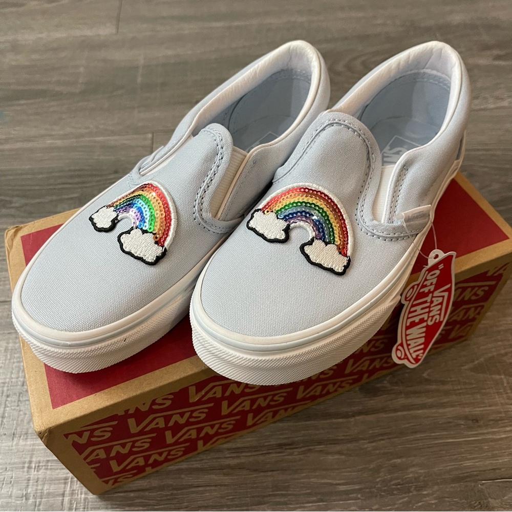 NIB Vans Light Blue Rainbow Sequins Patch Slip On Skate Shoe Sz 1 Little Girl